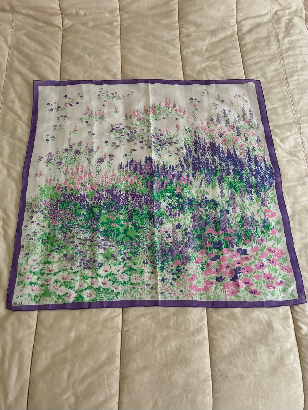 Vintage Floral Print Scarf Purple Pink Green White 30” Square